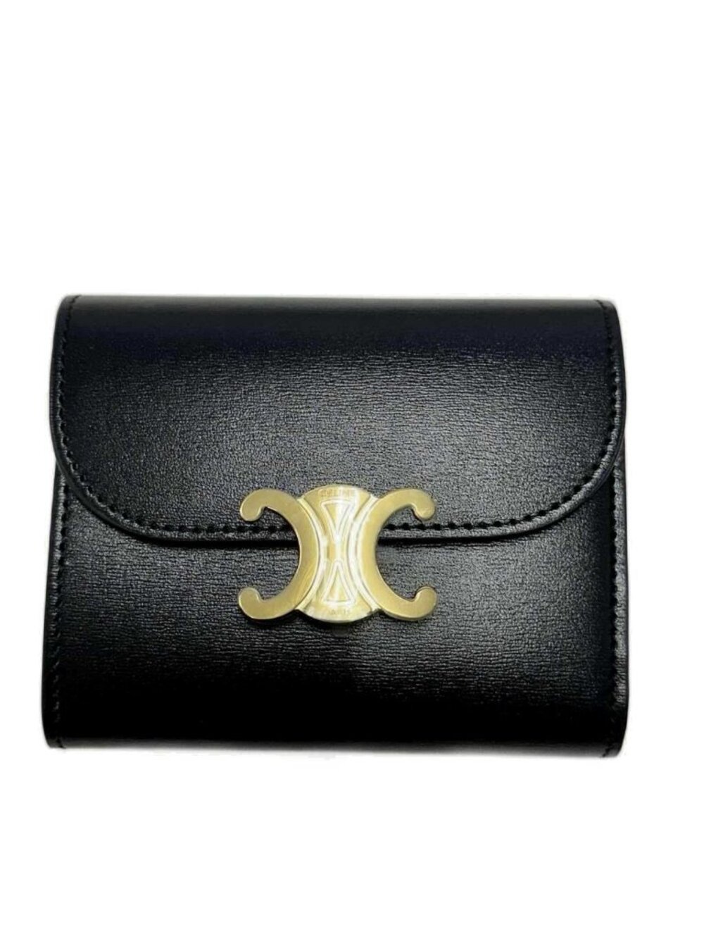 Celine Small Flap Wallet Triomphe Shiny Calfskin Trifold Black